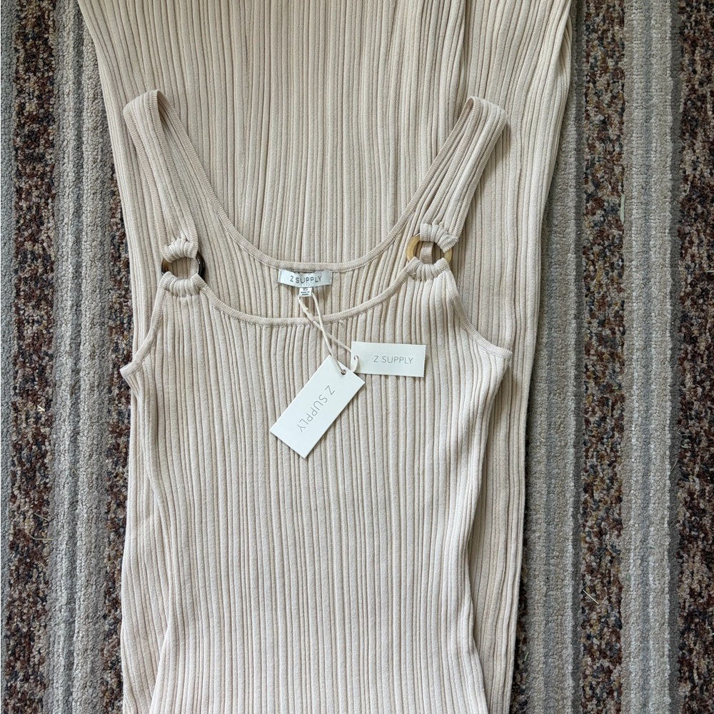 Z Supply Ribbed Tank Dress in Light Beige with Ring Straps